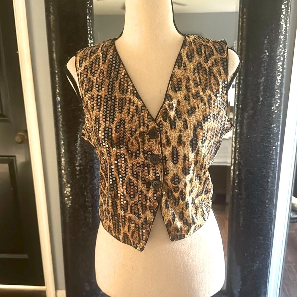 Leopard Print Sequin Buttoned Vest - image 1